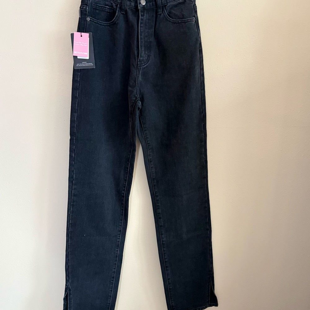 NWT PrettyLittleThing Tall Black High Rise Split Hem Straight Jeans 4T
